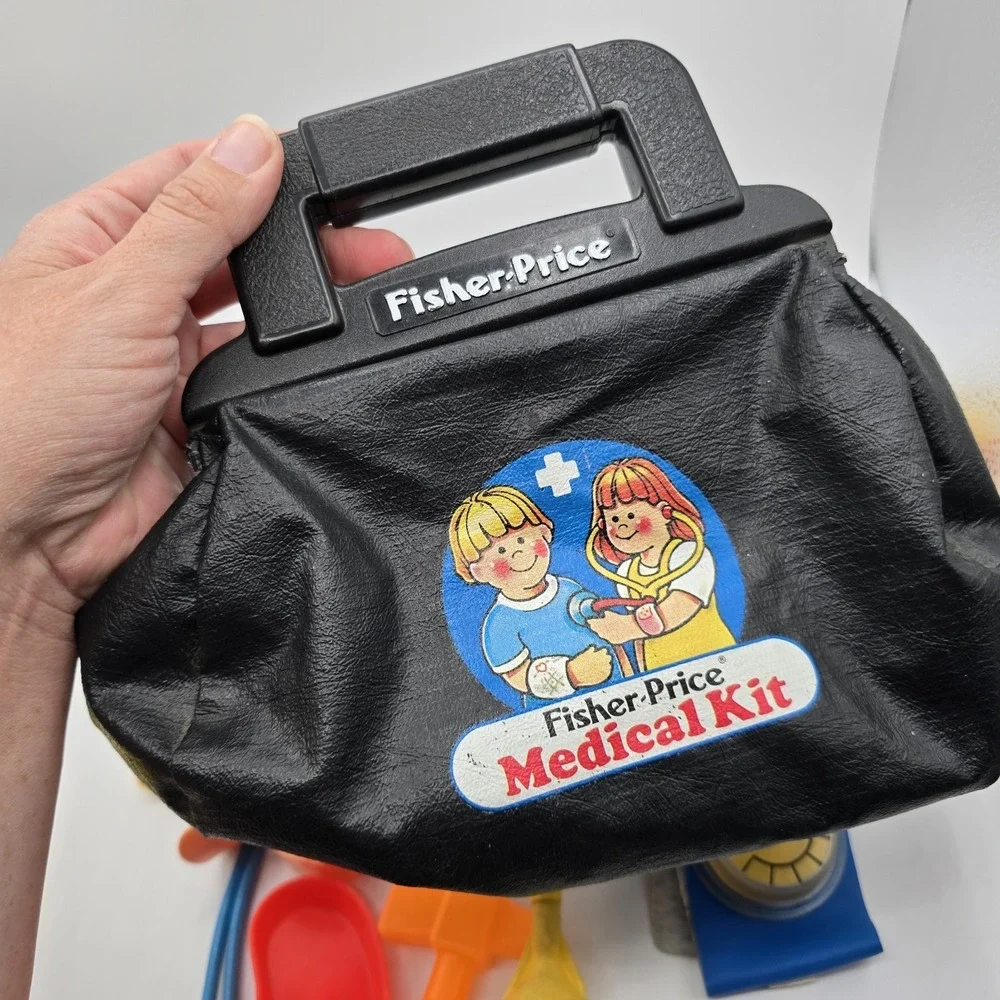 Vintage 1987 Fisher Price Medical Kit Doctor Bag & Accessories Cast Band-Aids